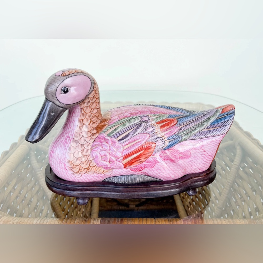 Vintage Colorful Hand Painted Chinese Porcelain Duck on Wooden Base